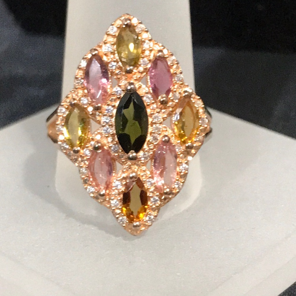 Ring - RG plated Sterling Silver Multicolored Tourmalines - Size 9 - Picture 1 of 7